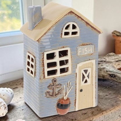 Ceramic House Tealight Holder - Pale Blue Beach House from Fig and Rose.