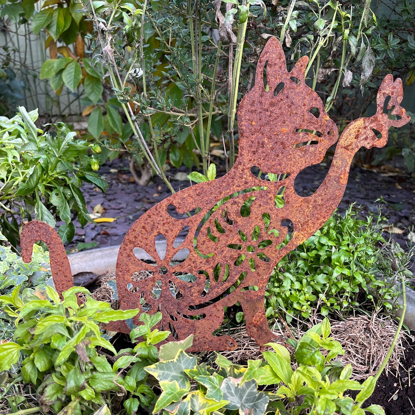 Cat with Butterfly | Rusty Garden Stake | Garden Decor