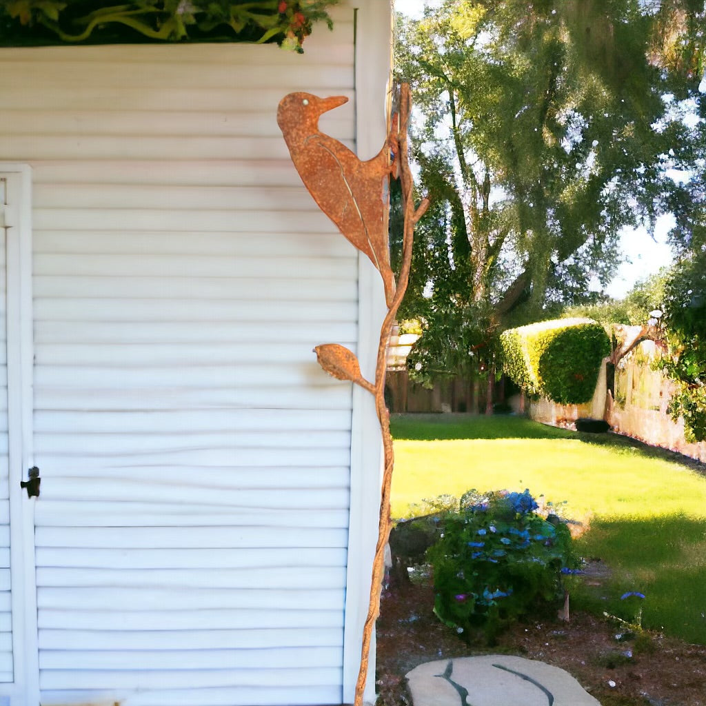 Rusty Woodpecker Stake | Rusty Metal Garden Decor