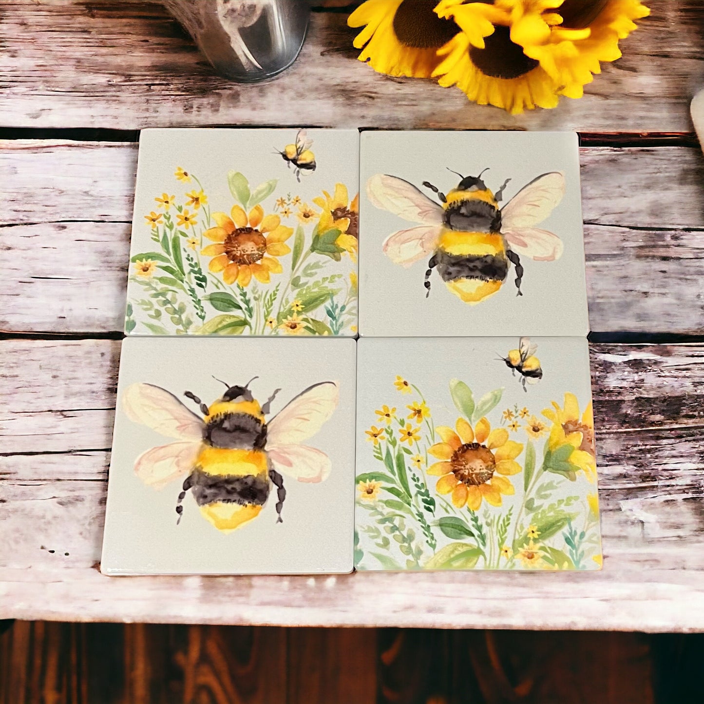 Bee Ceramic Coasters | Bee and Sunflower Coasters | Set of Four | Gift for Bee Lovers | Bee Gifts