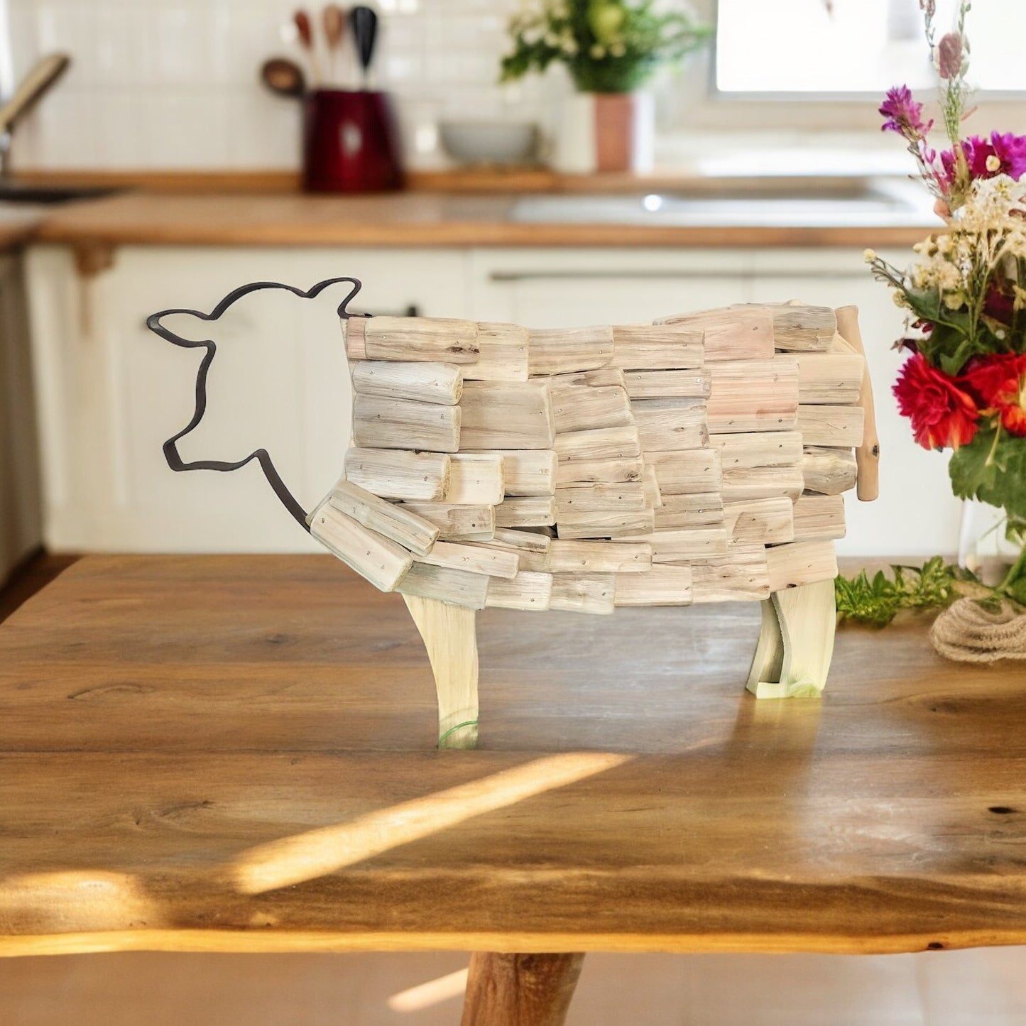 Driftwood Cow Statue - Handmade from Fig and Rose