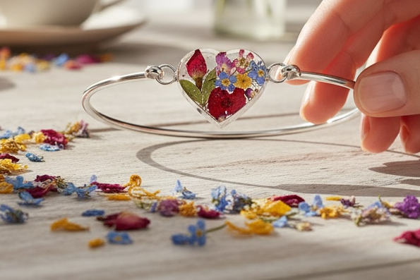 A Resin Flower Bangle available to buy from Fig and Rose Home.