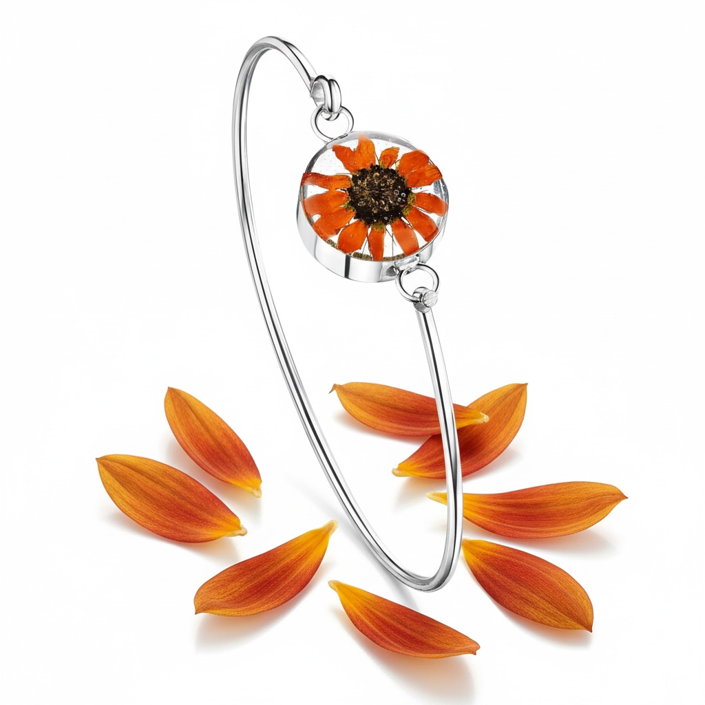 A Sunflower Silver Bangle available to buy from Fig and Rose Home.