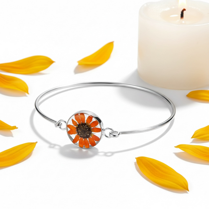 A Sunflower Silver Bangle available to buy from Fig and Rose Home.
