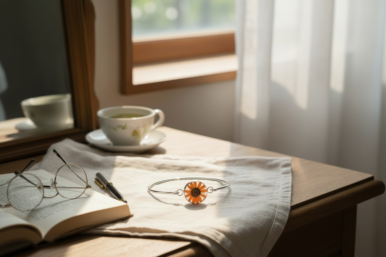 A Sunflower Silver Bangle available to buy from Fig and Rose Home.