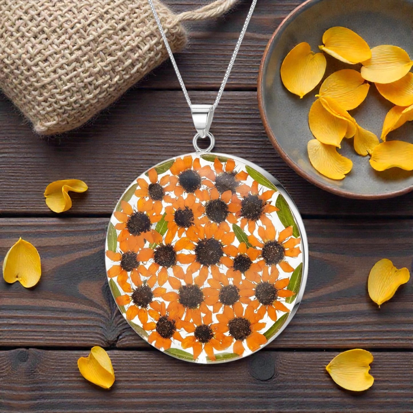 A Sunflower Necklace available to buy from Fig and Rose Home.
