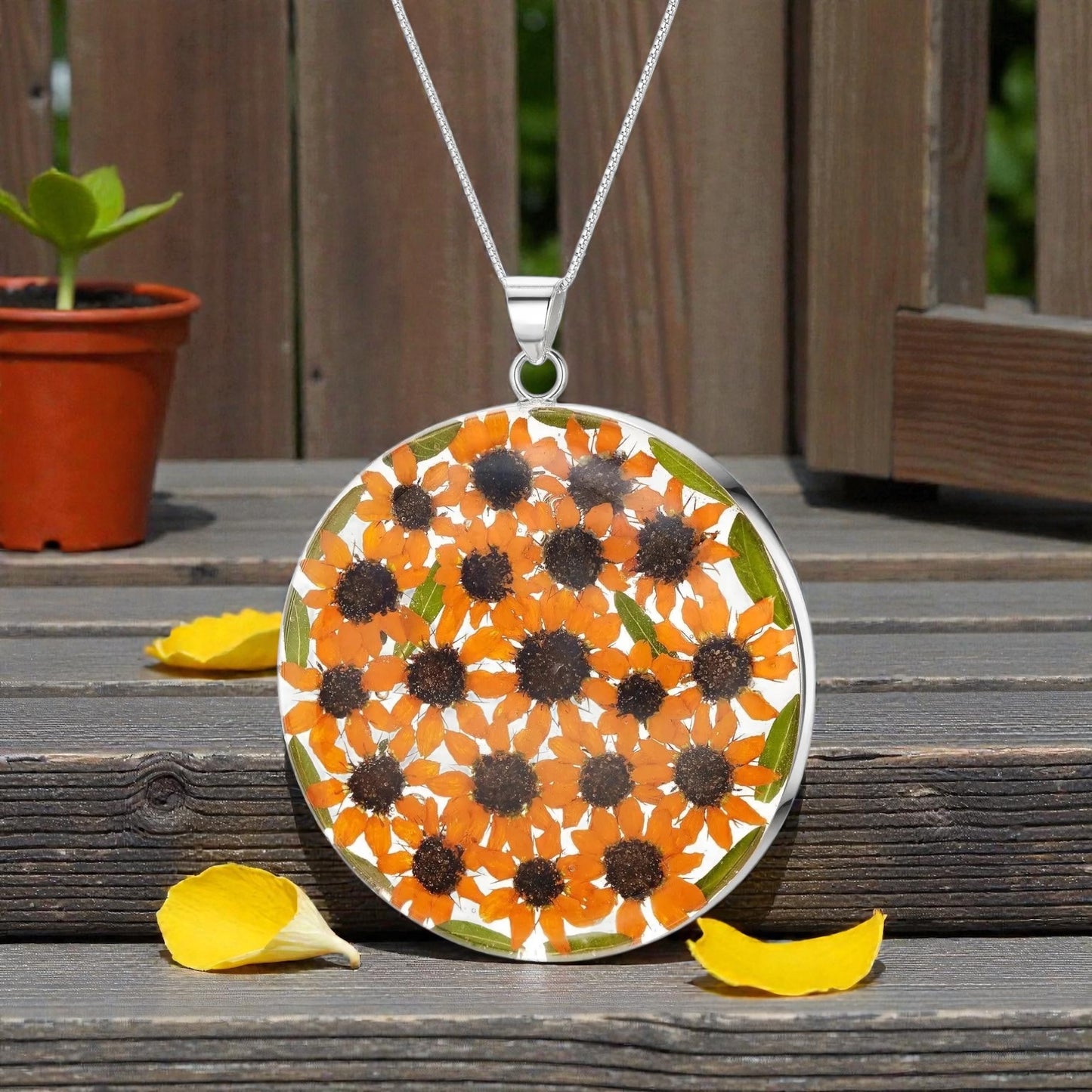 A Sunflower Necklace available to buy from Fig and Rose Home.
