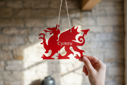 A Cymru Welsh Dragon Metal Hanging Decoration | Red, Black or Rustic Steel from Fig and Rose.