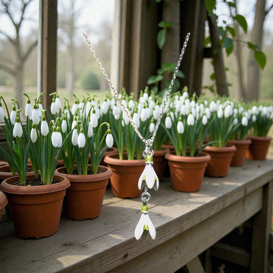 A Snowdrop Pendant Necklace available to buy from Fig and Rose Home.