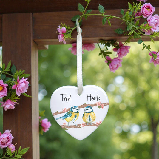A Blue Tits Valentine's Day Heart Decoration available to buy from Fig and Rose Home.