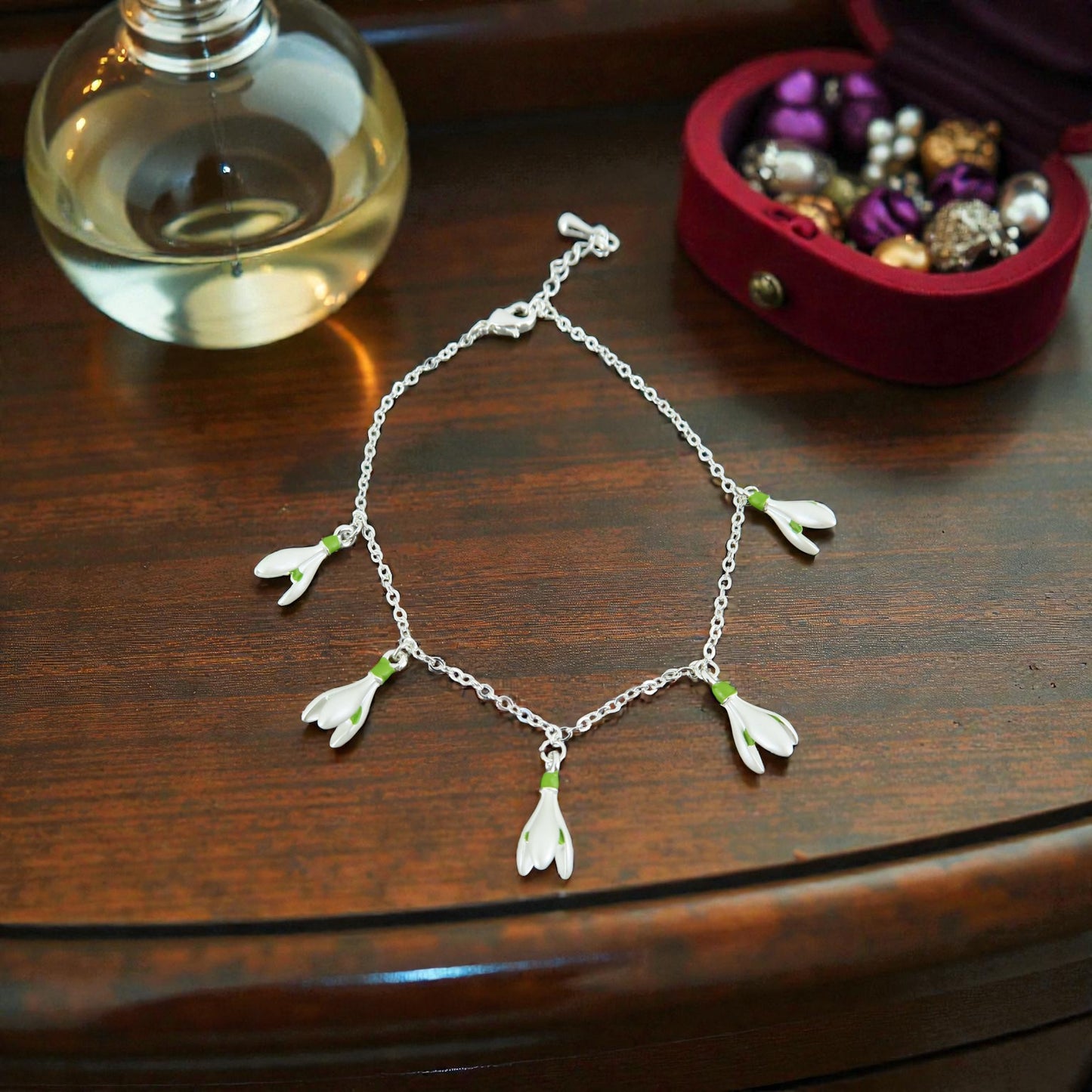 A Snowdrop Charm Bracelet available to buy from Fig and Rose Home.