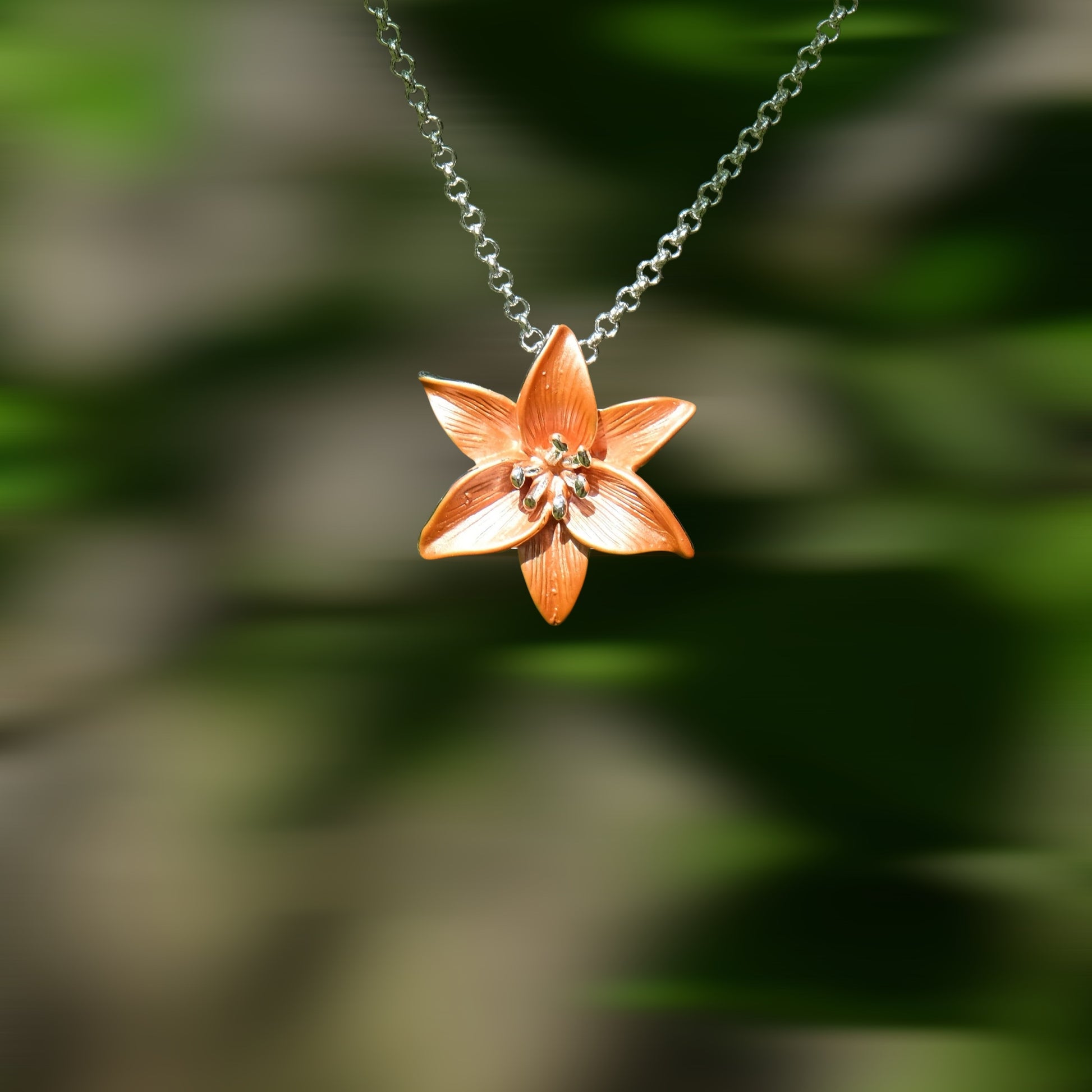 A Tiger Lily Necklace available to buy from Fig and Rose Home.