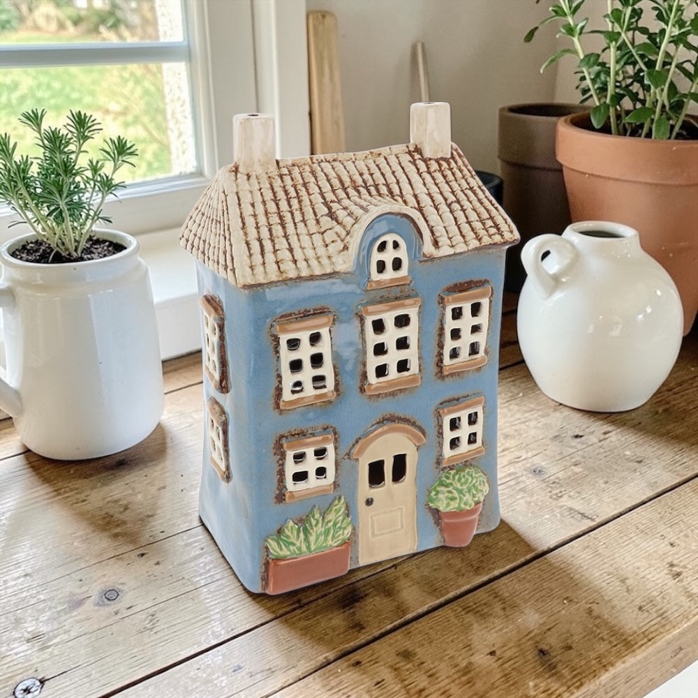 Blue Ceramic Cottage Tealight Holder