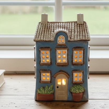 Blue Ceramic Cottage Tealight Holder