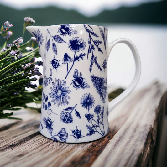 Blue and White Jug | Floral Vase | Bone China Vase
