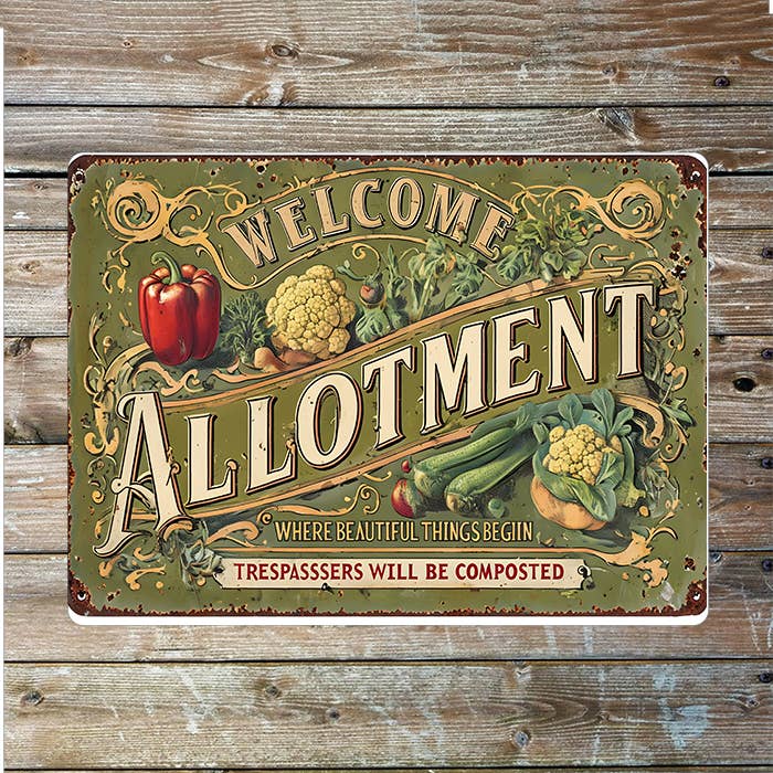 A Welcome Allotment Metal Sign available to buy from Fig and Rose Home.