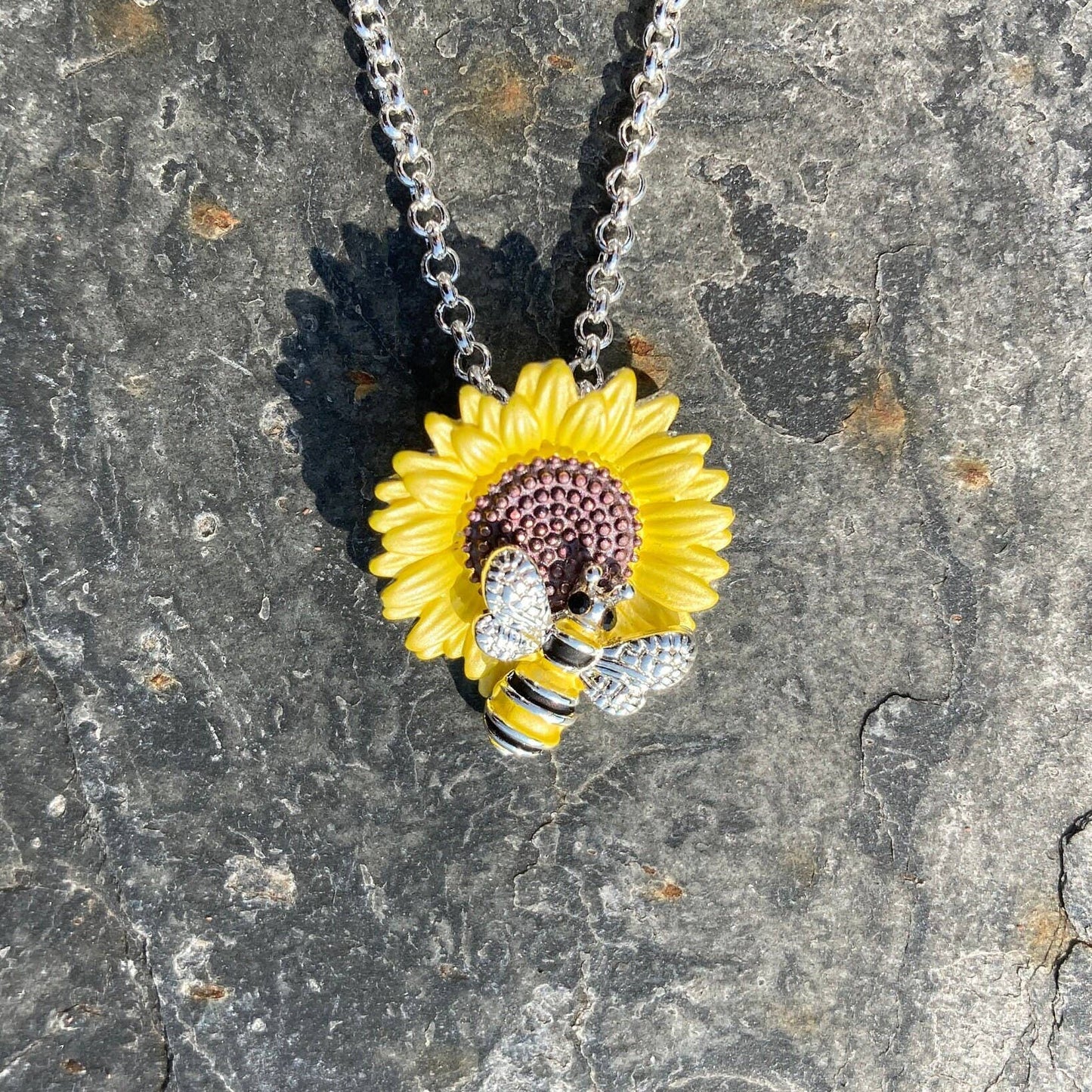 A Sunflower With Bee Yellow Flower Pendant Necklace available to buy from Fig and Rose Home.