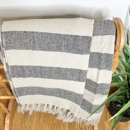 So Cosy Dark Grey & Cream Striped Boho Throw Blanket from Fig and Rose