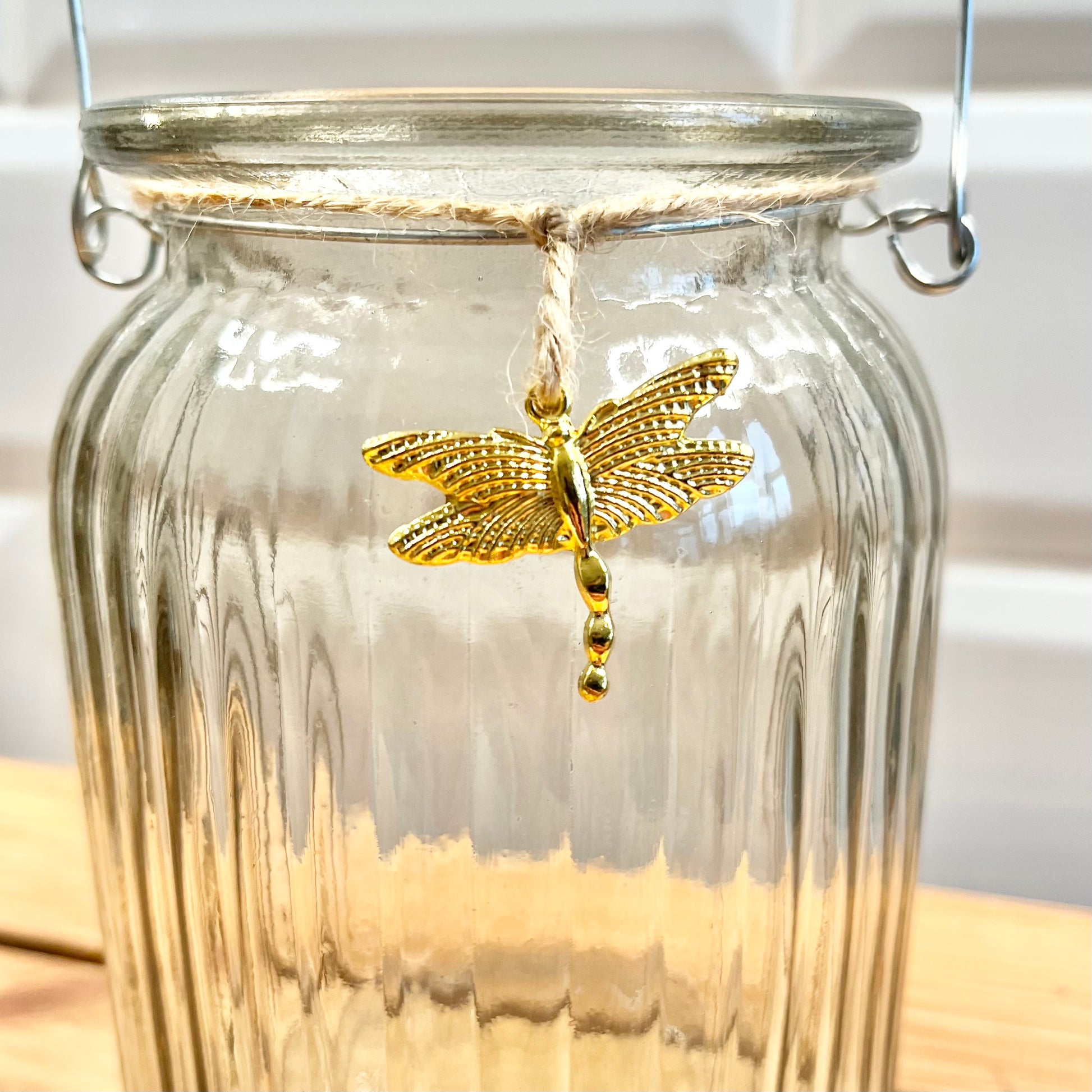 A Glass T Light Holders - Bee & Dragon Fly charms from Fig and Rose.