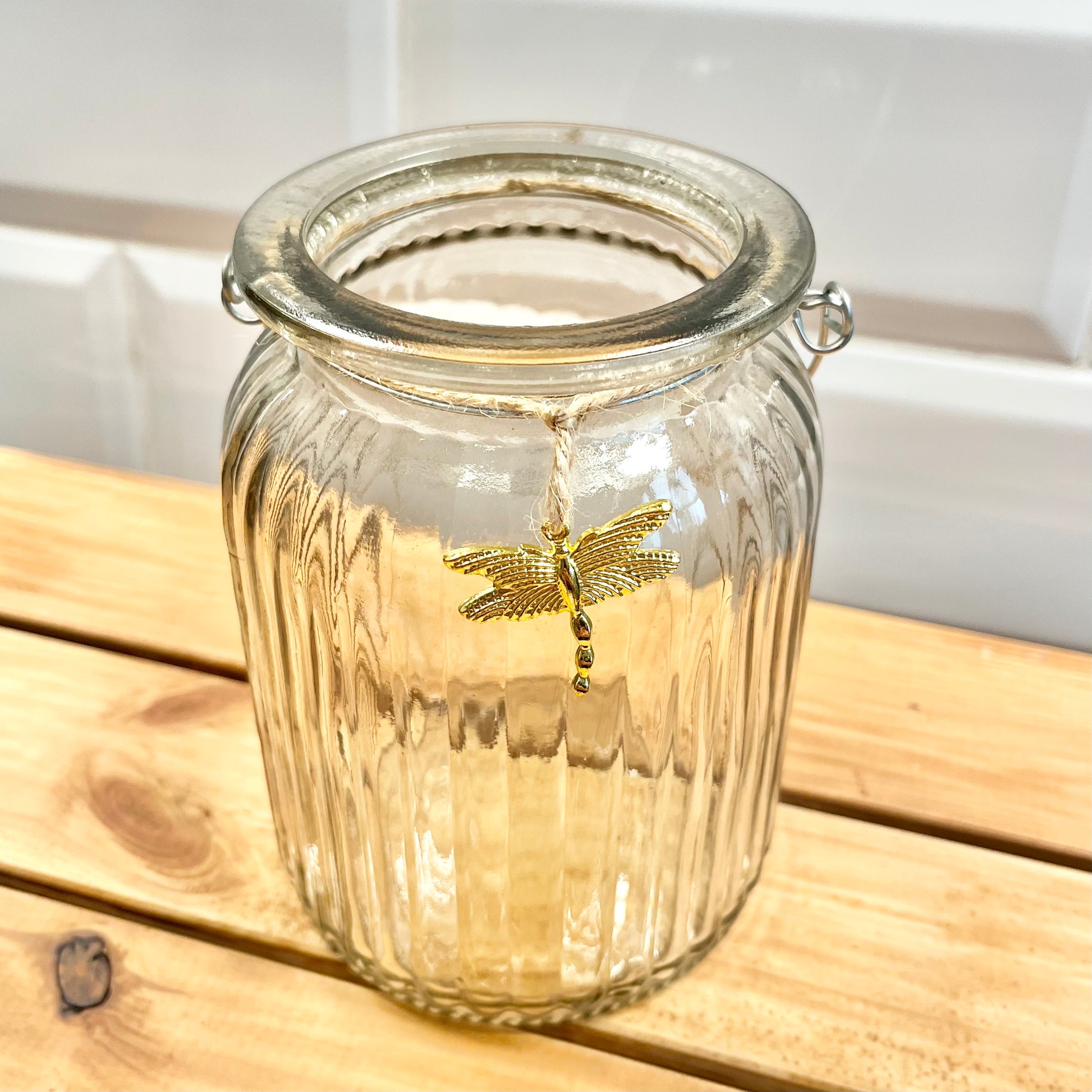 A Glass T Light Holders - Bee & Dragon Fly charms from Fig and Rose.