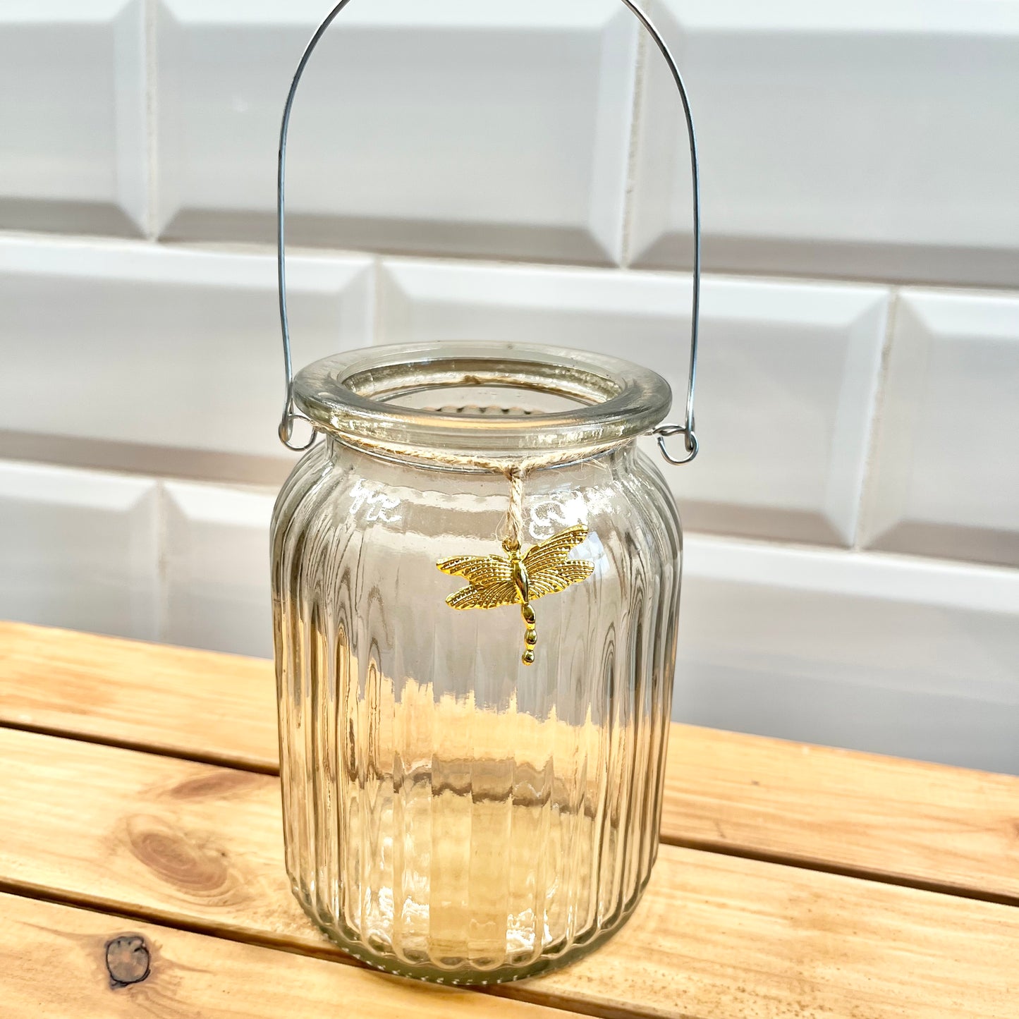 A Glass T Light Holders - Bee & Dragon Fly charms from Fig and Rose.
