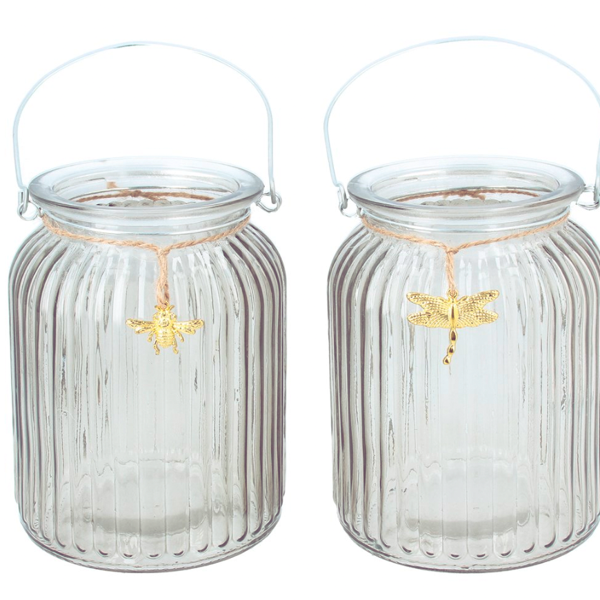 A Glass T Light Holders - Bee & Dragon Fly charms from Fig and Rose.
