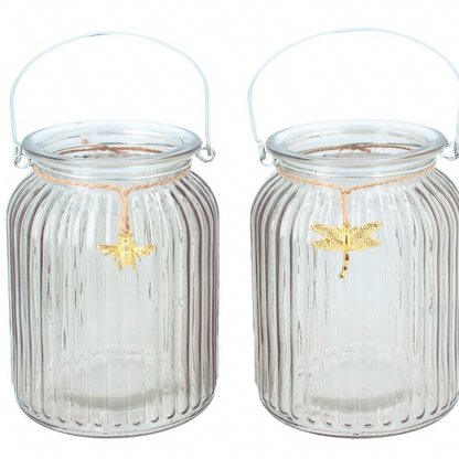 A Glass T Light Holders - Bee & Dragon Fly charms from Fig and Rose.
